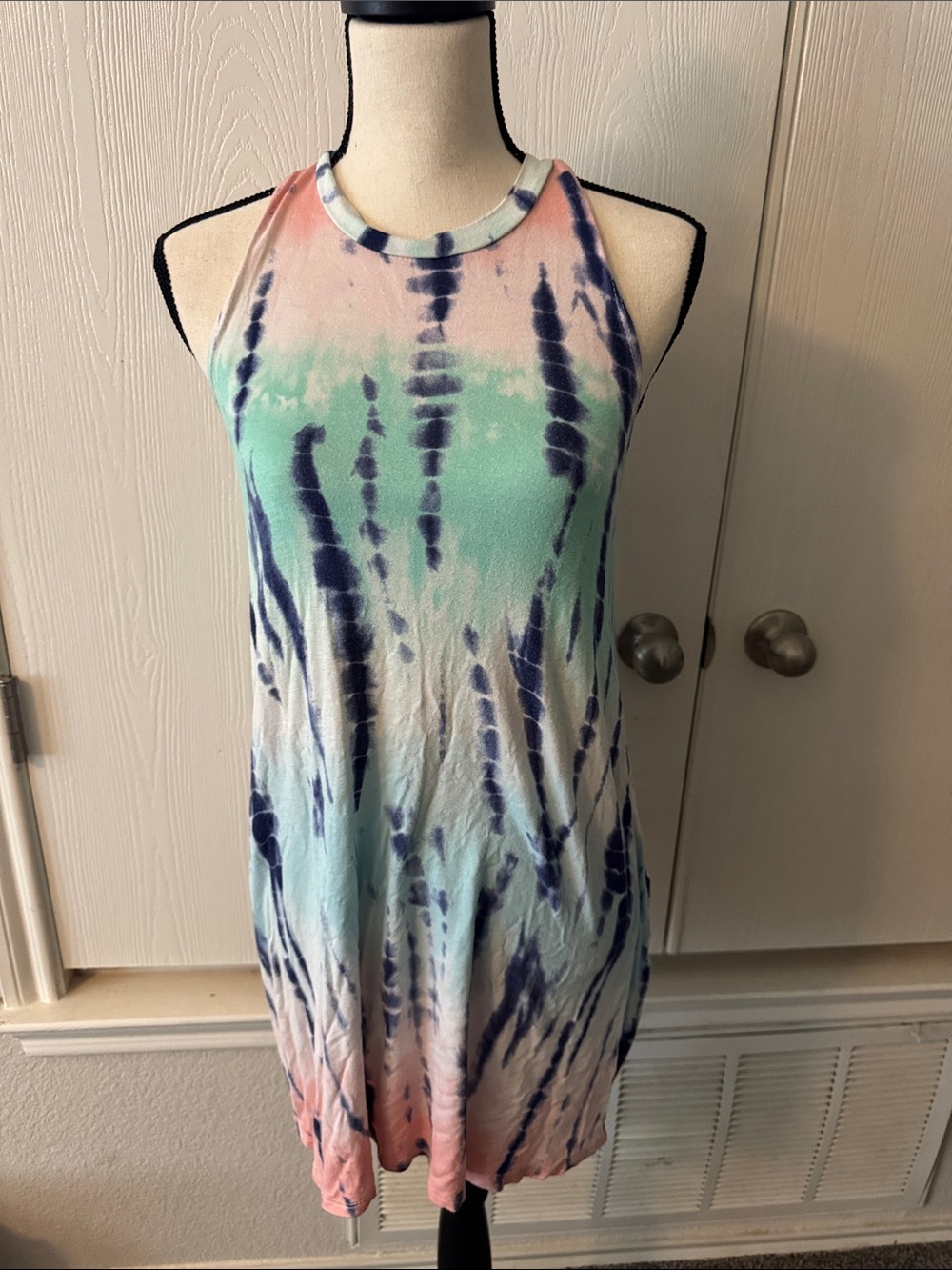 Sleeveless Tie-Dye Racerback Mini Dress in Coral, Mint & Navy